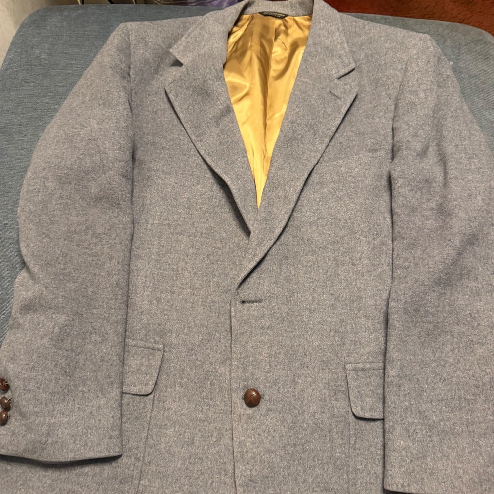 PBM Dillard's Mens 100% Camel Hair Blazer Grey Woven Leather Button Sport Coat